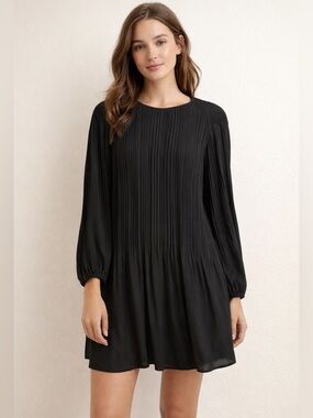 Michael Michael Kors Black Pleated Long Sleeve Mini Keyhole Back Flowy XS Dress